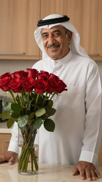 Smiling senior Middle Eastern man stands by a vase of red roses in a warm kitchen