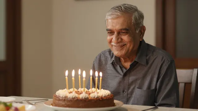 Smiling senior South Asian man sits at a table looking at a lit birthday cake during a quiet home celebration