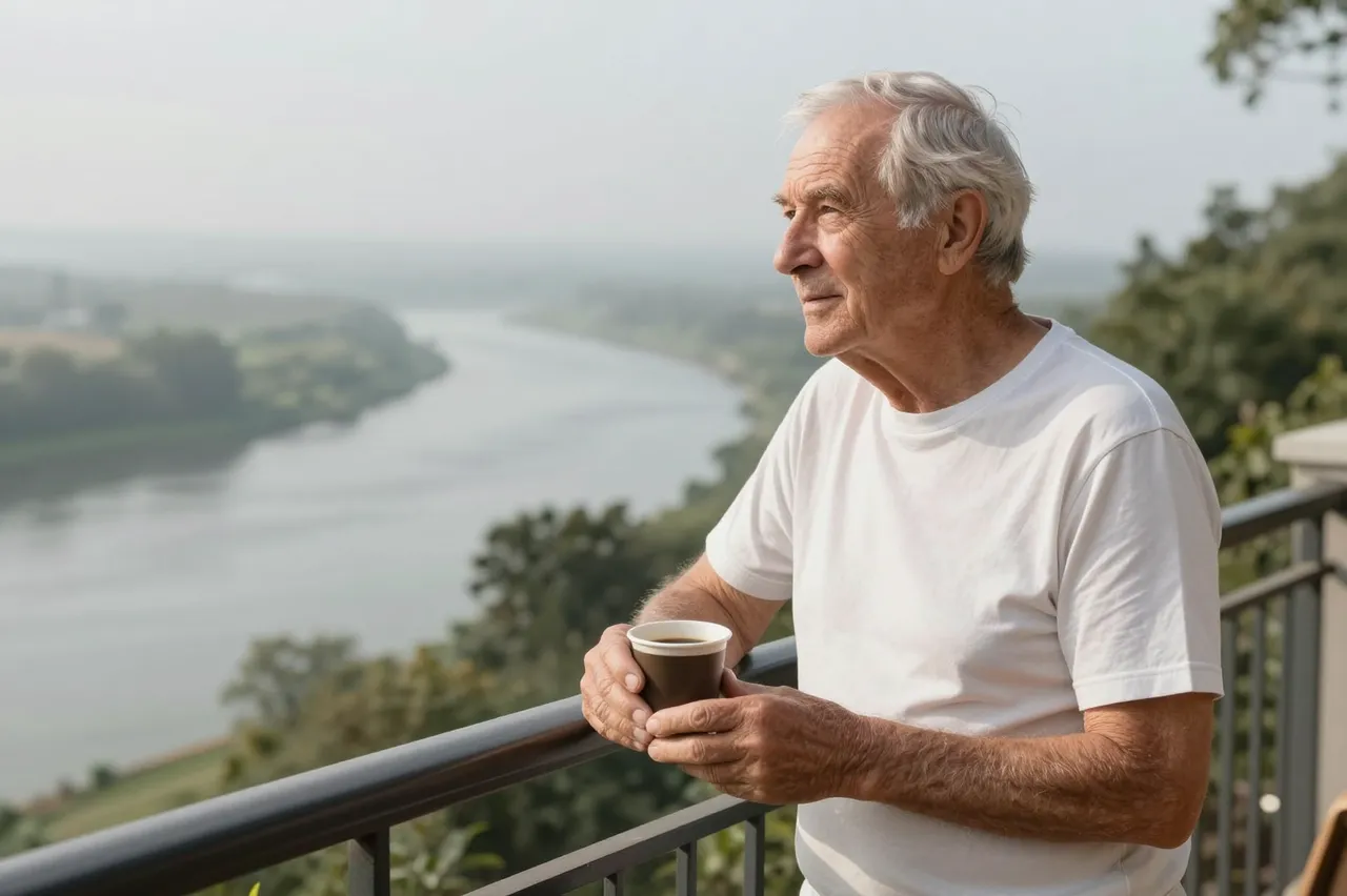 Elderly man holds a coffee cup while looking out over a foggy river valley from a high balcony