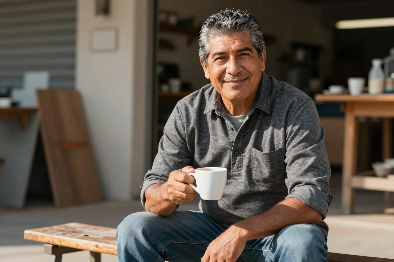 Smiling senior Latino man sits on a wooden bench outside his workshop holding a coffee mug in morning sunlight
