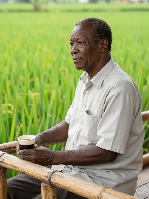 Elderly Black man sits on a bamboo balcony holding a coffee cup overlooking lush green rice fields
