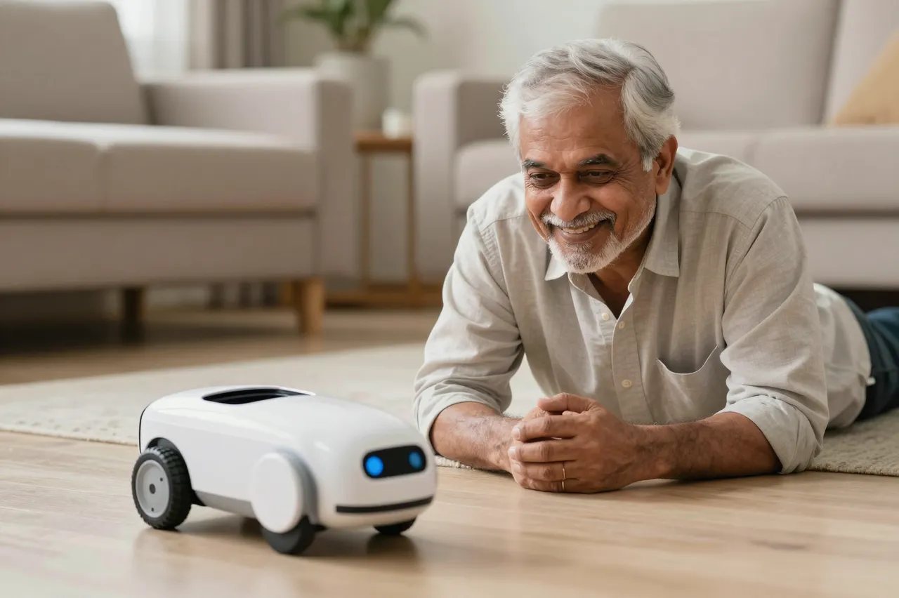 Smiling older South Asian man lies on a living room floor watching a small white mobile robot