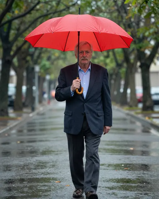 Older man in a blazer walks under a red umbrella along a wet tree-lined street in rain.
