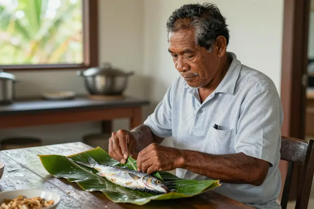 Older Pacific Islander man wraps a whole fresh fish in banana leaves at a wooden kitchen table.