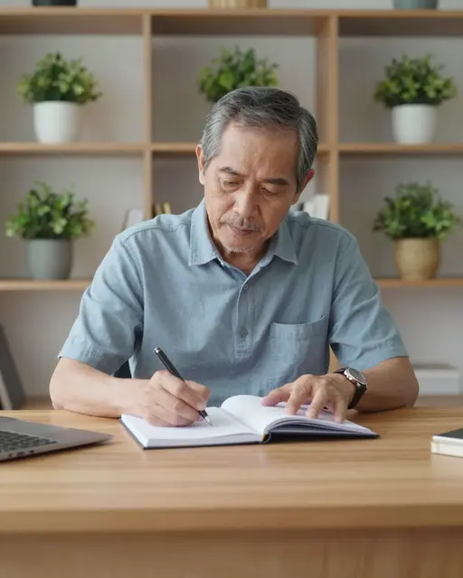 Older Southeast Asian man writes in an open notebook at a wooden office desk surrounded by potted plants