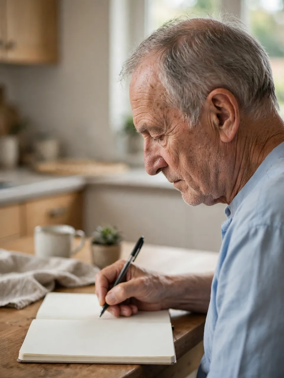 Side view of an elderly man writing in an open notebook at a wooden kitchen table
