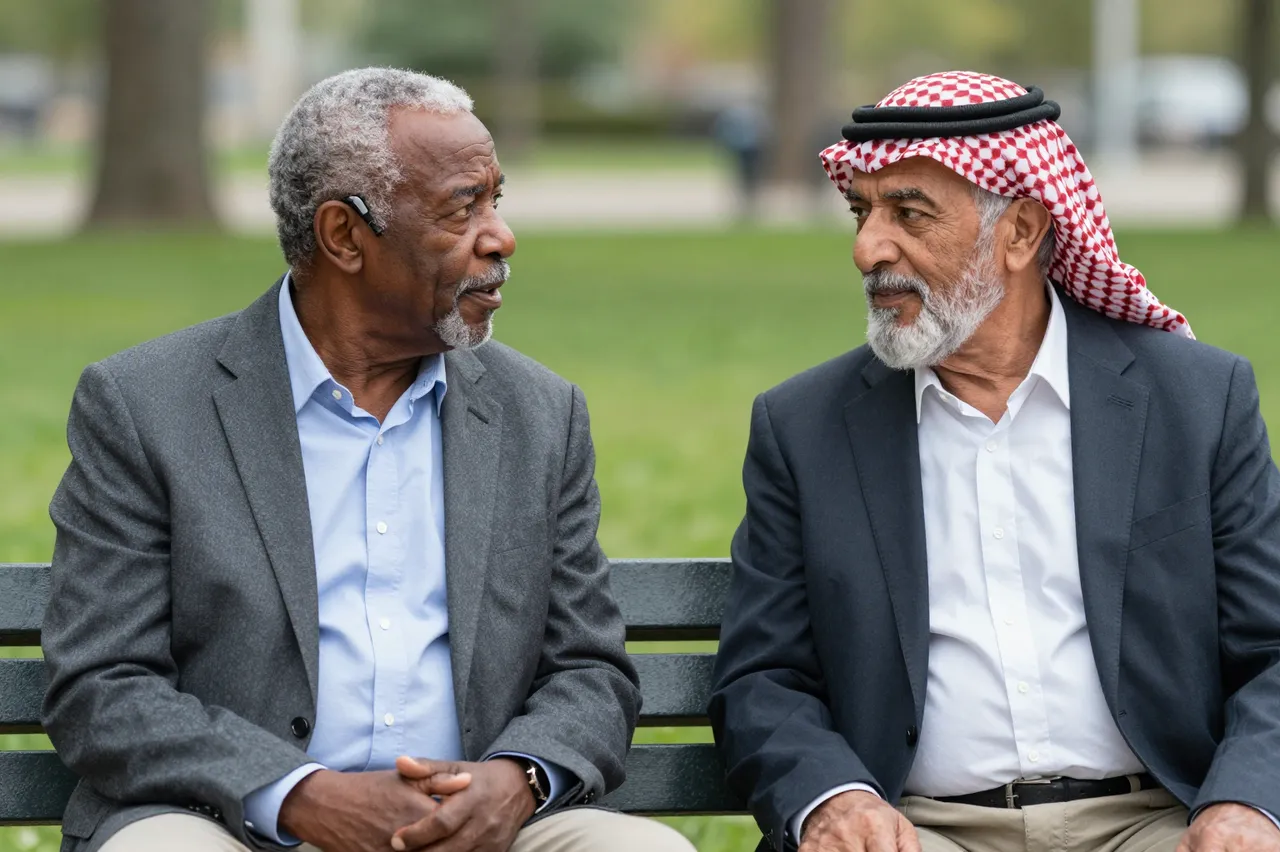 Two older men sit on a park bench conversing with one another