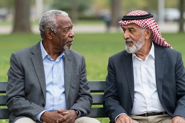 Two older men sit on a park bench conversing with one another