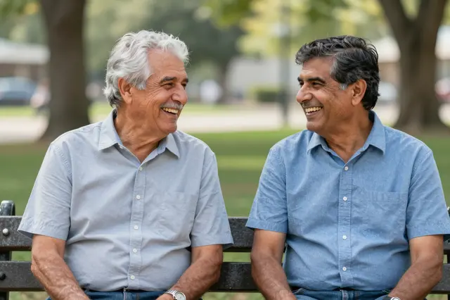 Two senior men sit on a park bench, smiling and laughing together on a sunny afternoon.
