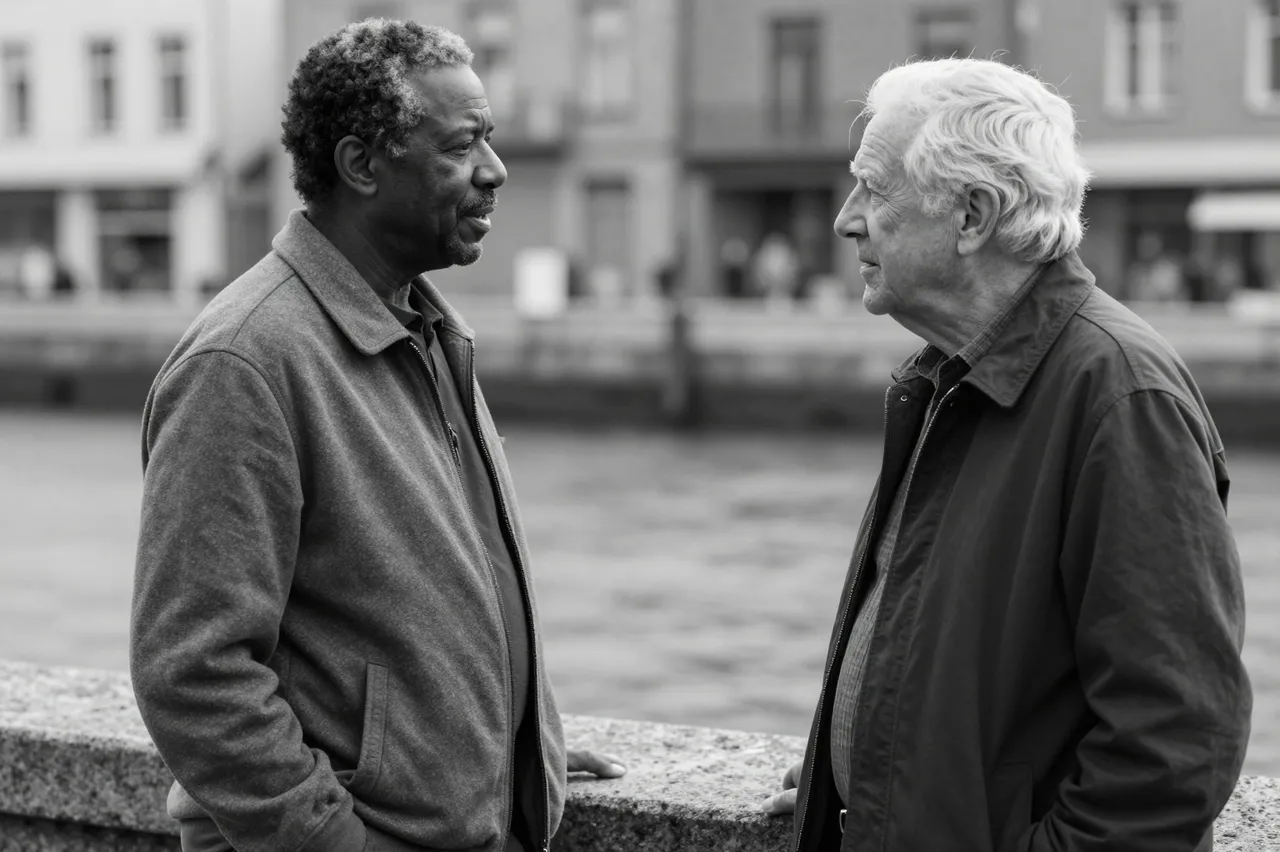 Two senior men converse while leaning on a stone harbor wall overlooking water and waterfront buildings