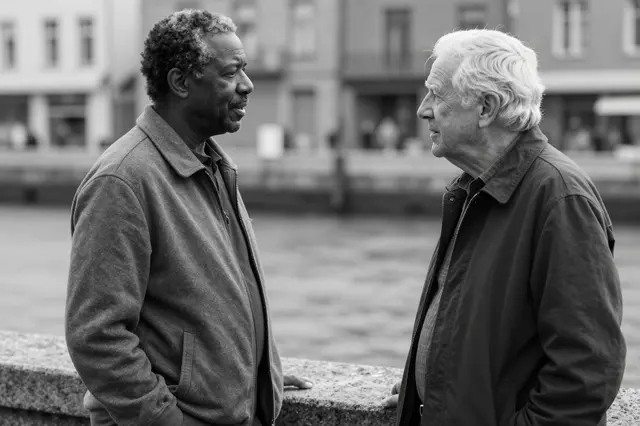 Two senior men converse while leaning on a stone harbor wall overlooking water and waterfront buildings