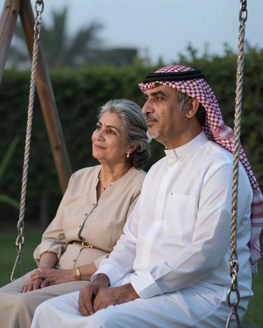 An older Middle Eastern couple sits closely together on a garden swing at quiet dusk