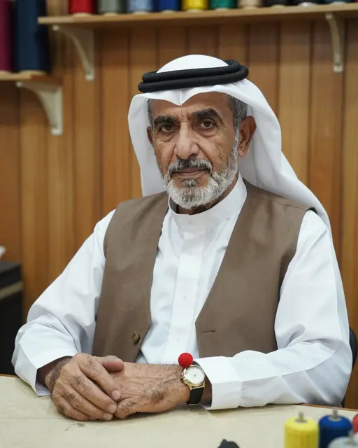 Older Middle Eastern tailor sits at his work table in a wood-paneled tailoring shop, with a pincushion on his wrist.