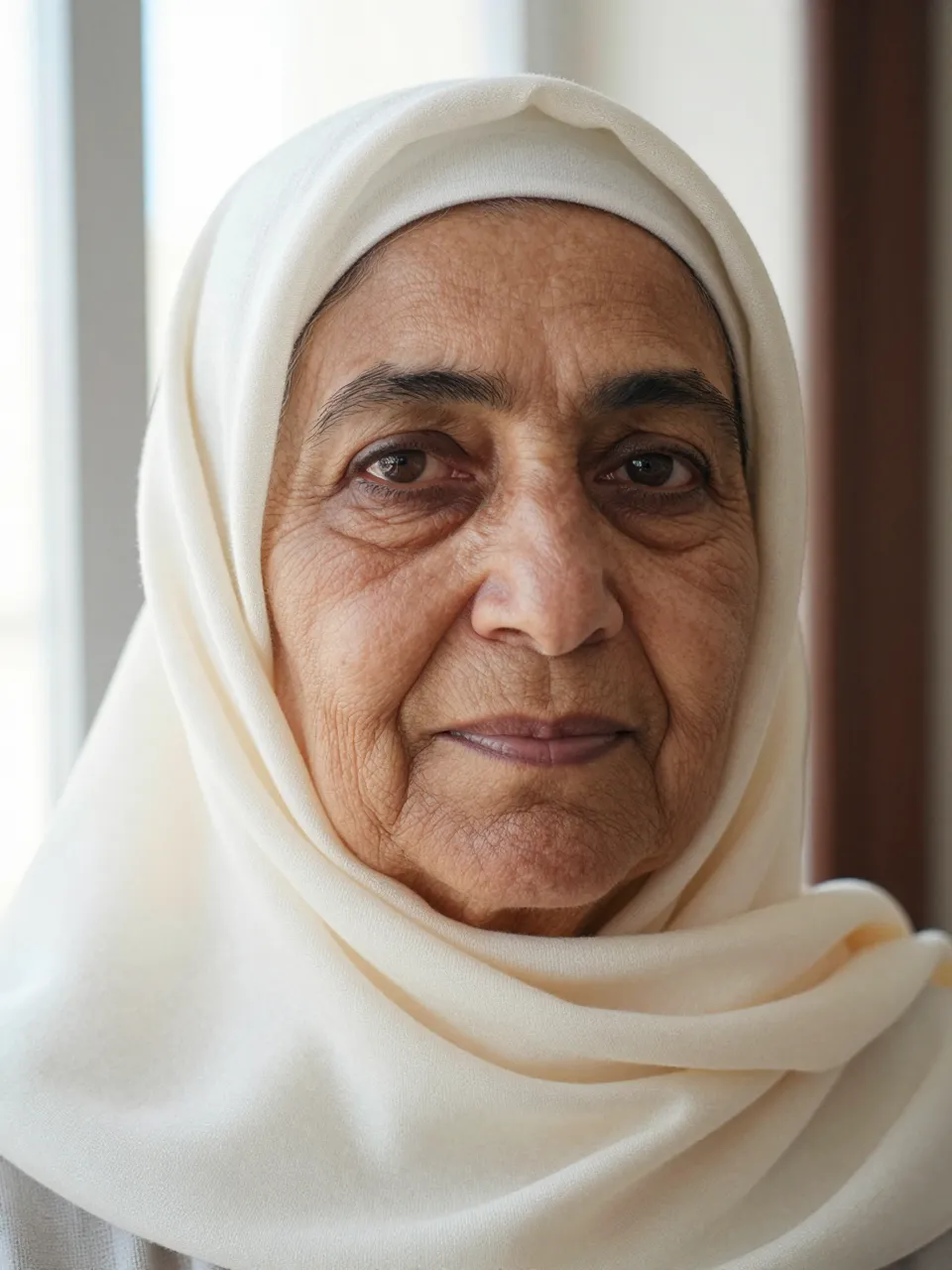 Close-up portrait of a senior Middle Eastern woman in a cream headscarf lit by soft window light