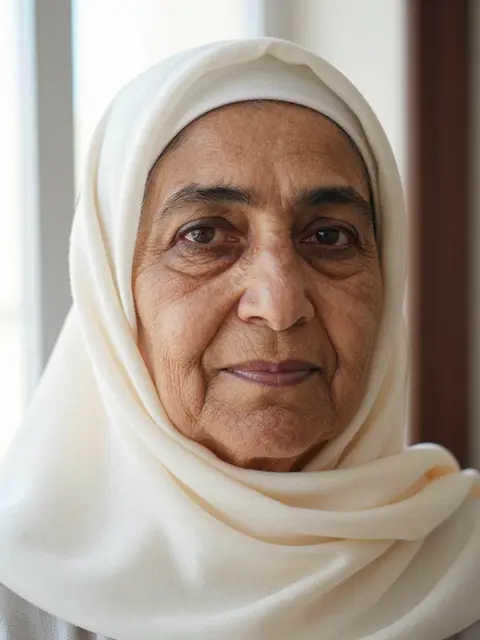 Close-up portrait of a senior Middle Eastern woman in a cream headscarf lit by soft window light