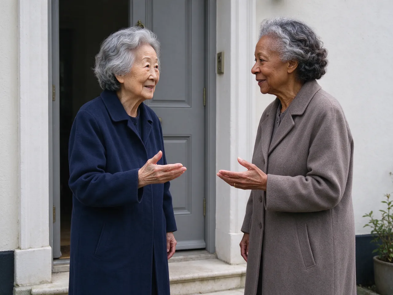 Two elderly women converse while standing outside a home front door