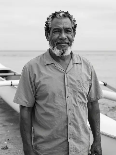 Black and white portrait of a senior bearded man standing next to an outrigger canoe on a sandy beach