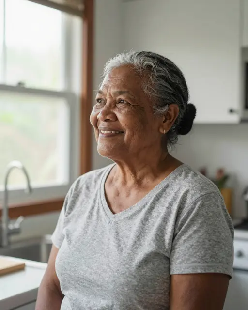 A smiling senior Pacific Islander woman stands near a kitchen window in soft morning light.