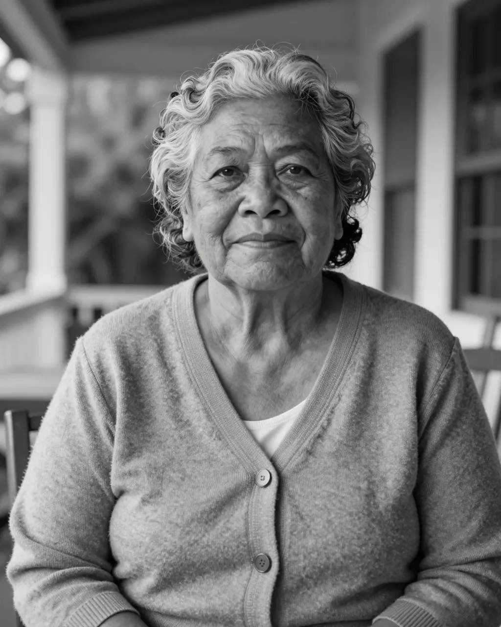 Black and white close-up portrait of a senior Pacific Islander woman seated on a shaded veranda