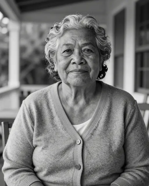 Black and white close-up portrait of a senior Pacific Islander woman seated on a shaded veranda