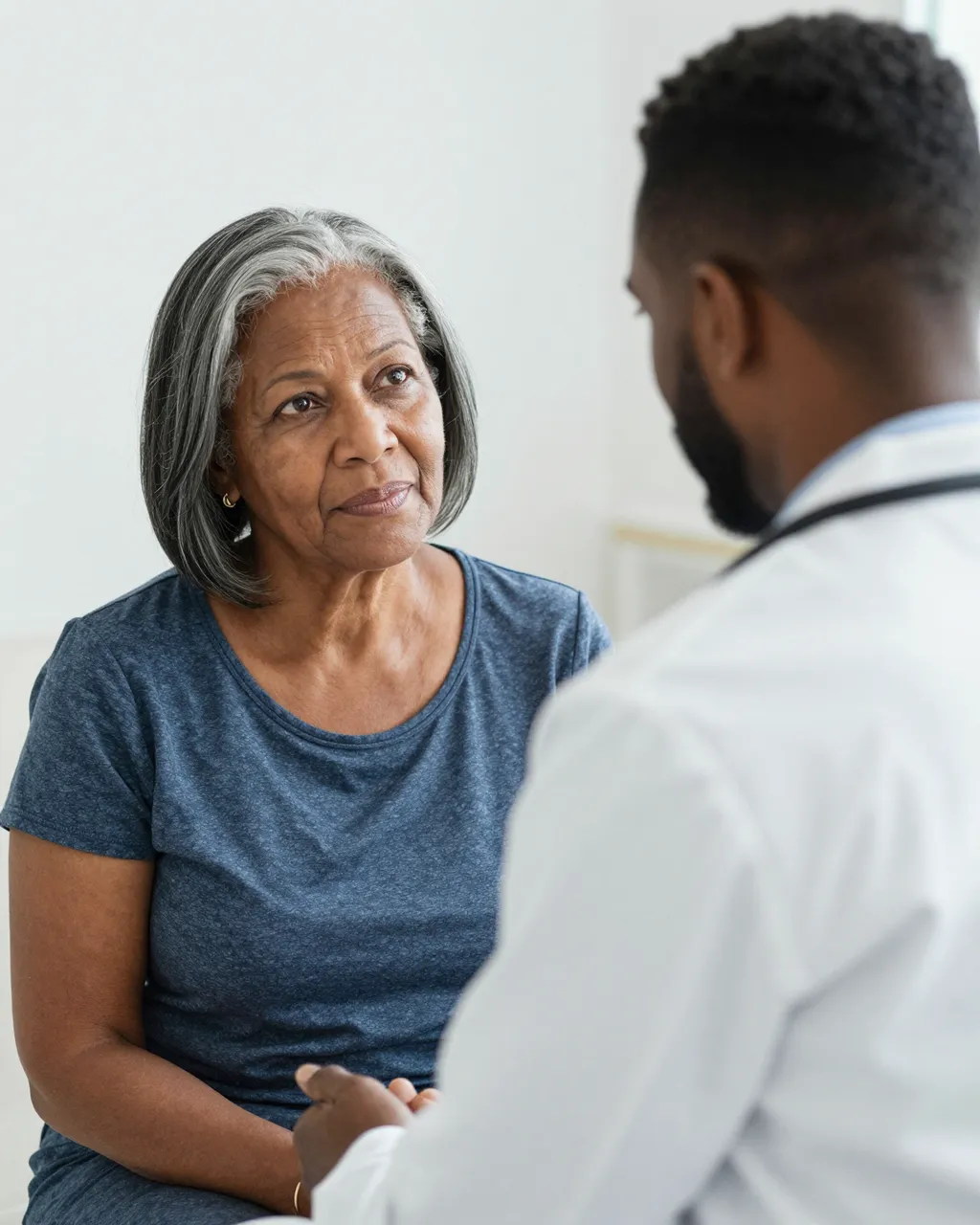 Older woman listens attentively to a Black doctor during a medical appointment