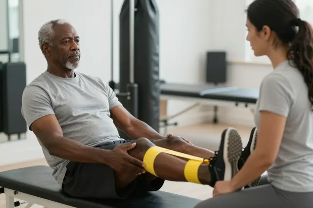 Senior Black man does leg extensions with a yellow resistance band as a physiotherapist assists beside him.