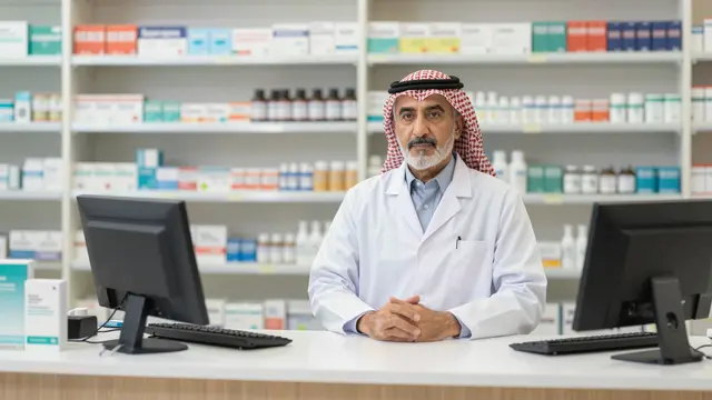 Older Middle Eastern pharmacist sits with clasped hands behind a pharmacy counter, with blurred medication shelves in the