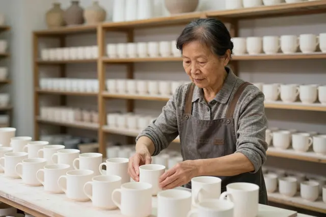 An East Asian senior woman arranges unfinished ceramic mugs on a work table in her pottery studio.