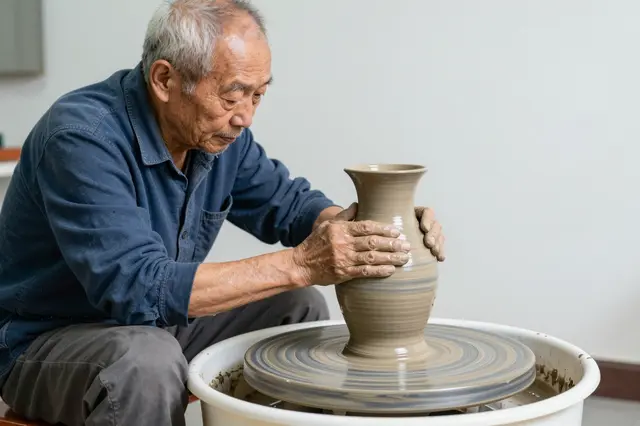 Elderly East Asian potter shapes a tall clay vase on a spinning pottery wheel