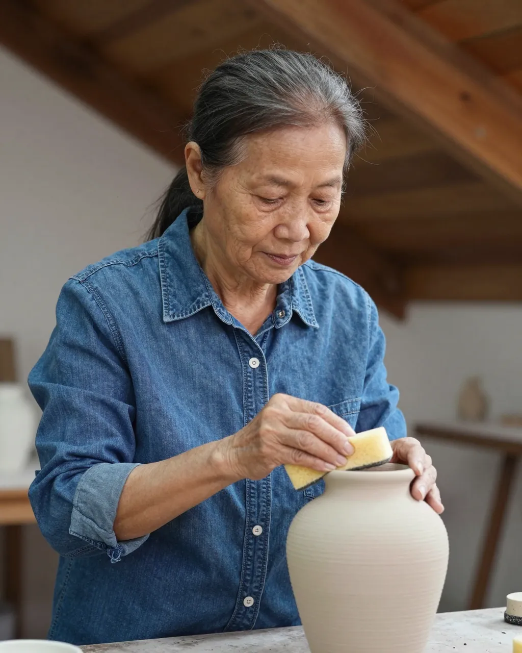 Elderly Southeast Asian woman in a denim shirt smoothing a hand-built clay vase with a sponge in an attic studio.