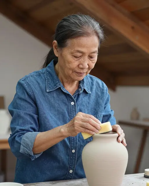 Elderly Southeast Asian woman in a denim shirt smoothing a hand-built clay vase with a sponge in an attic studio.