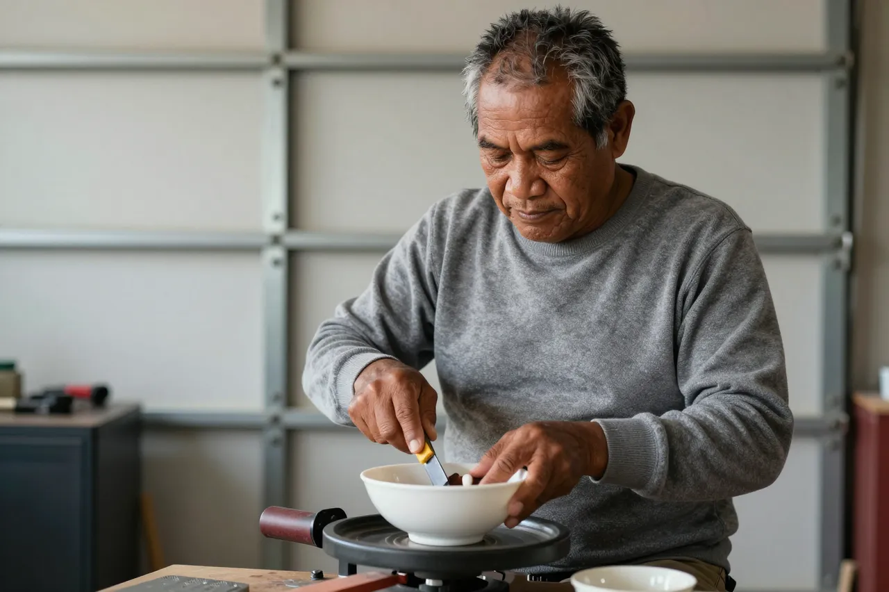 Older Pacific Islander man trims a ceramic bowl on a small tabletop pottery wheel in a garage workshop
