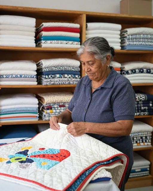 Elderly Indigenous woman examines a folded quilt in front of wooden shelves stacked with folded textiles