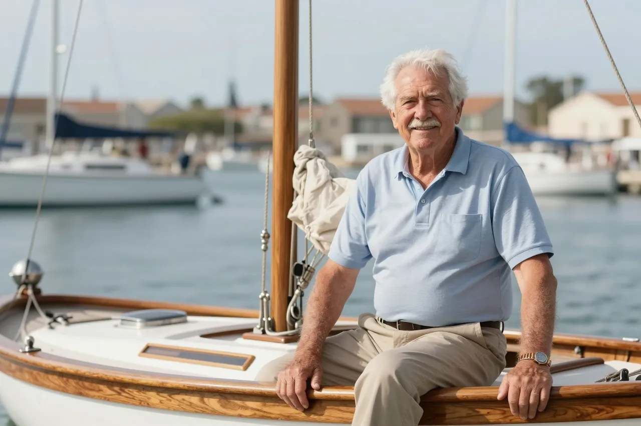 Elderly man sits smiling on the deck of a wooden sailboat in a sunlit marina harbor