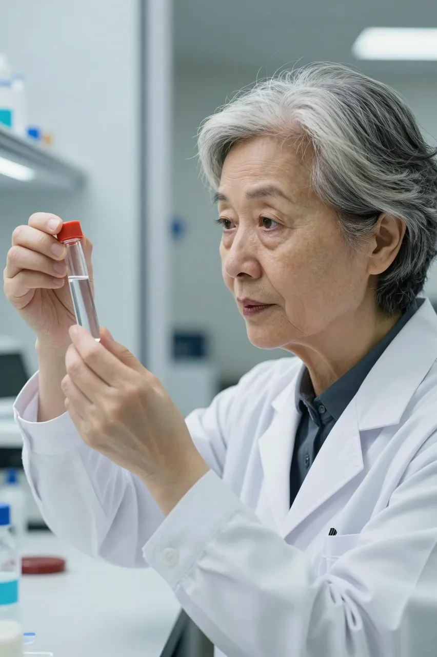 Older East Asian female scientist examines a glass test tube in a laboratory