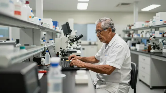 Older scientist types on a laptop at a workbench inside a well-lit research laboratory