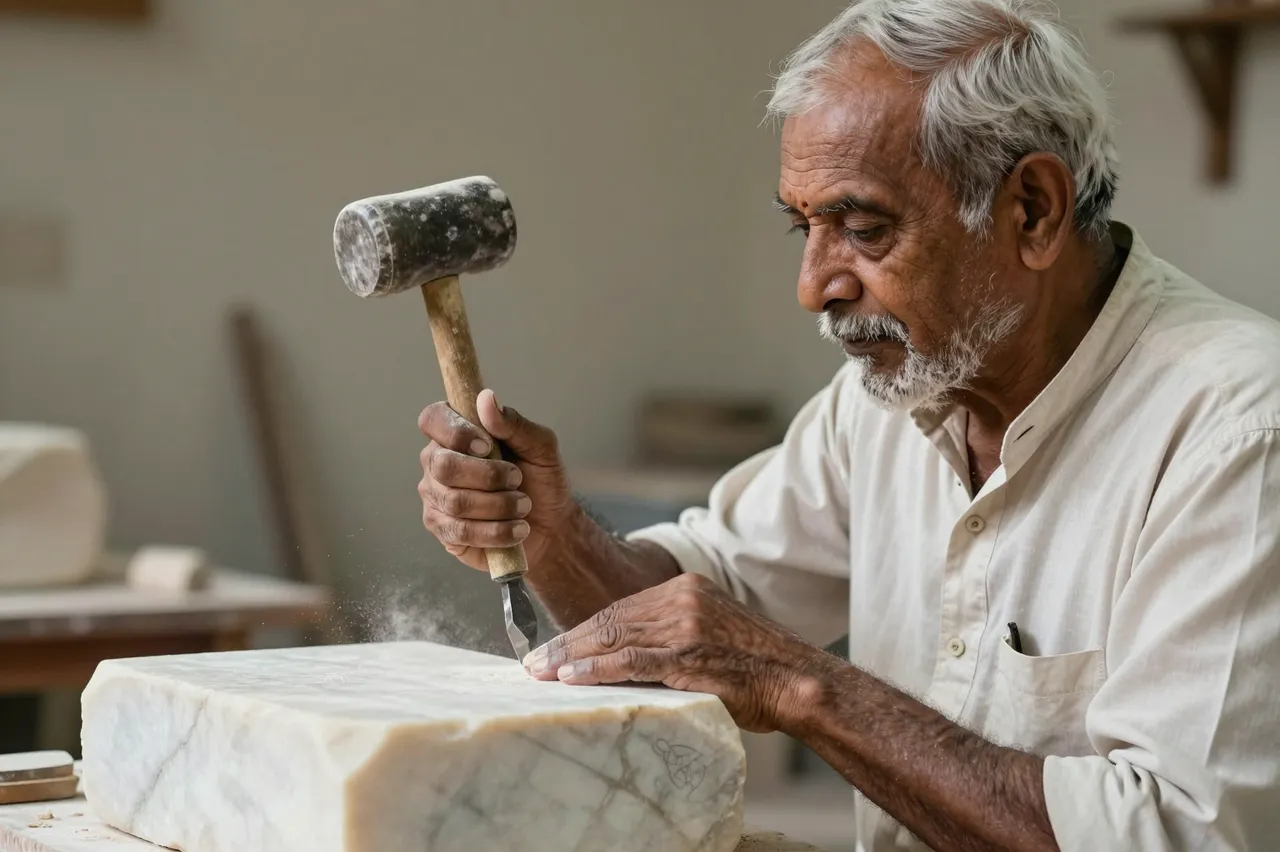 Side view of an older South Asian man carving a marble block with a mallet and chisel, stone dust rising in soft light.