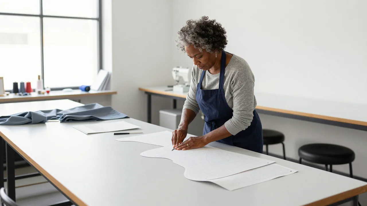Older Black seamstress works with paper sewing templates on a worktable in a sunlit studio