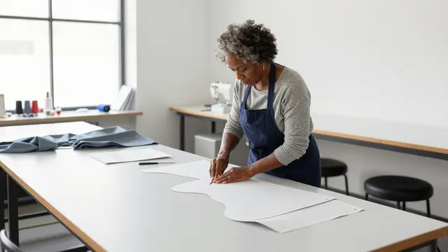 Older Black seamstress works with paper sewing templates on a worktable in a sunlit studio