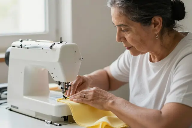 Older Latina woman guides yellow cotton through a sewing machine by window light