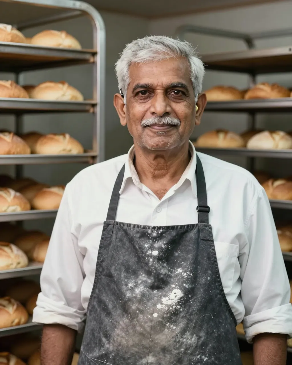 Older South Asian baker with hearing aids stands in front of cooling bread racks in a bakery