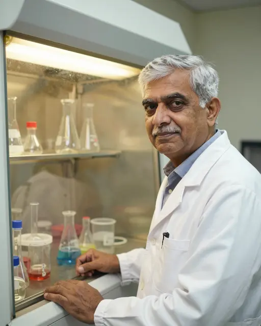 Older South Asian male chemist in a lab coat stands next to a fume hood holding glass labware in a warmly lit laboratory.