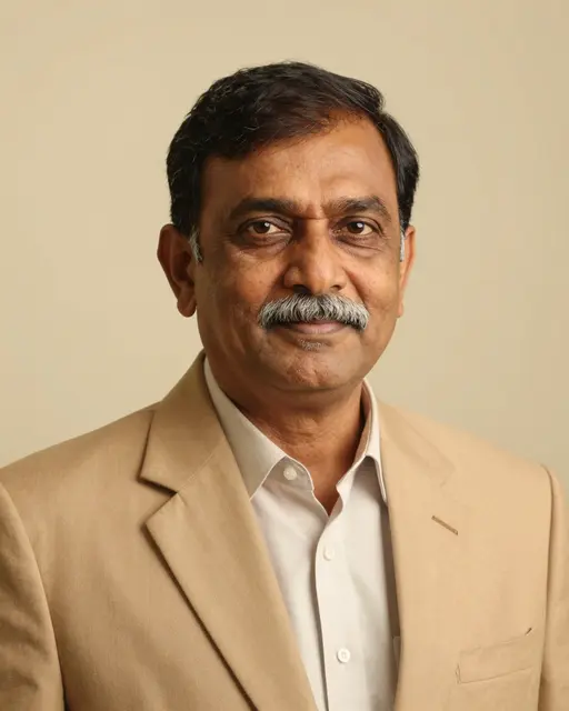 Studio headshot of a senior South Asian man with a gray mustache wearing a tan blazer against a warm cream backdrop