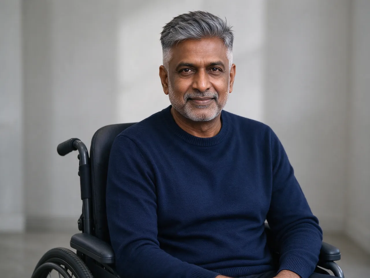 A South Asian man in his fifties with grey hair sits in a wheelchair wearing a navy sweater, smiling gently at the camera.