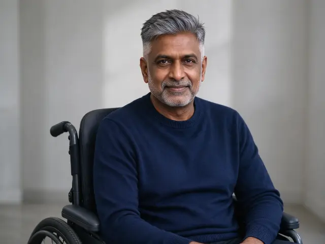 A South Asian man in his fifties with grey hair sits in a wheelchair wearing a navy sweater, smiling gently at the camera.