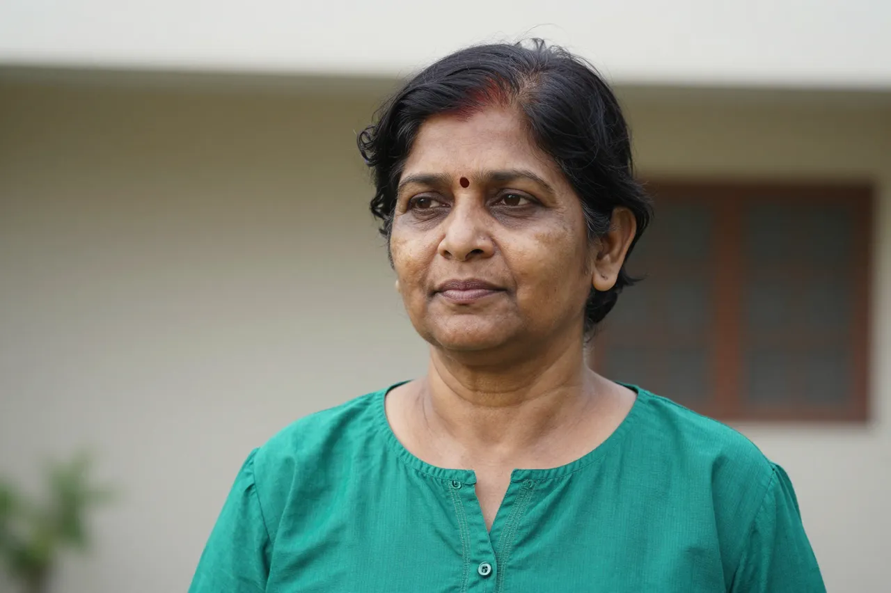 Portrait of a South Asian senior woman in an emerald top standing outdoors in soft daylight