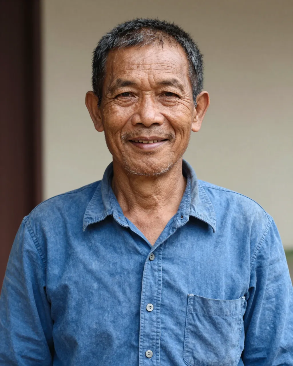Portrait of a smiling elderly Southeast Asian man wearing a faded blue button-up shirt