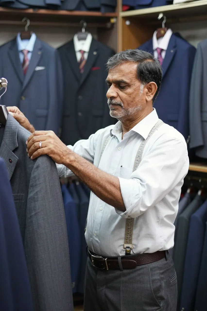 A South Asian senior tailor examines a suit jacket among racks of formal wear in his shop.