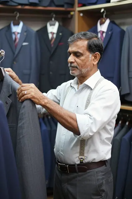 A South Asian senior tailor examines a suit jacket among racks of formal wear in his shop.