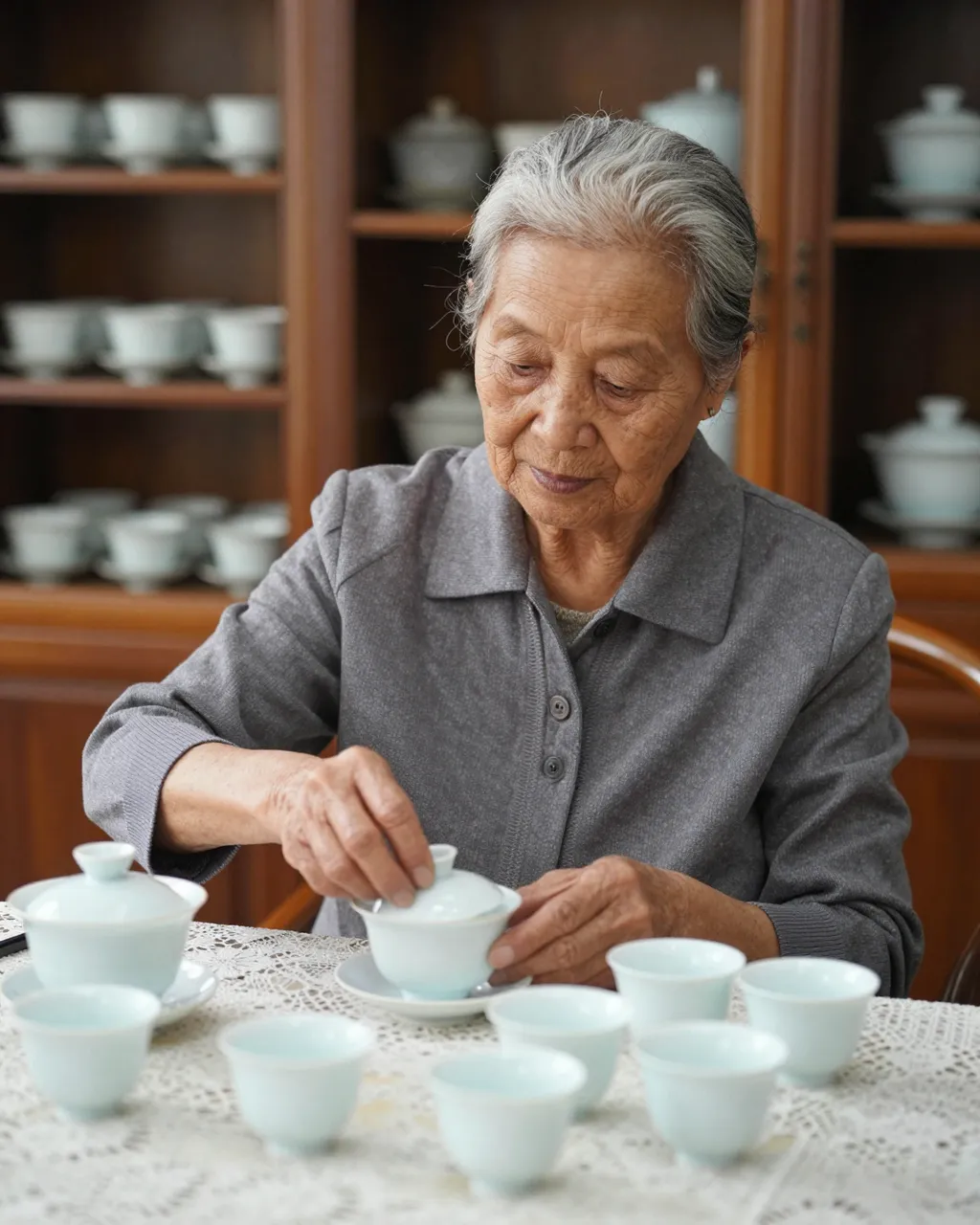 An elderly mixed-race woman arranges plain porcelain teacups on a lace tablecloth in a tea room